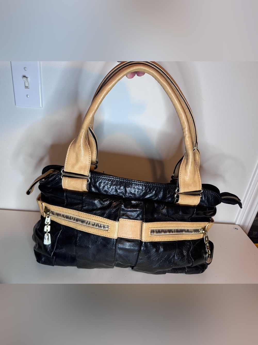 See By Chloe Black and Tan Leather Shoulder Bag with Front Zips
